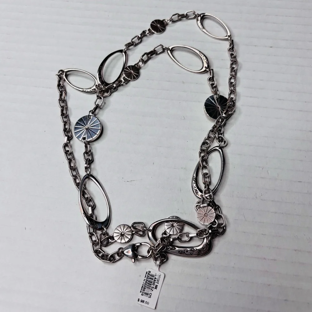 New BRIGHTON Orbit Silver Etched Disc Eliptical Link Long Necklace